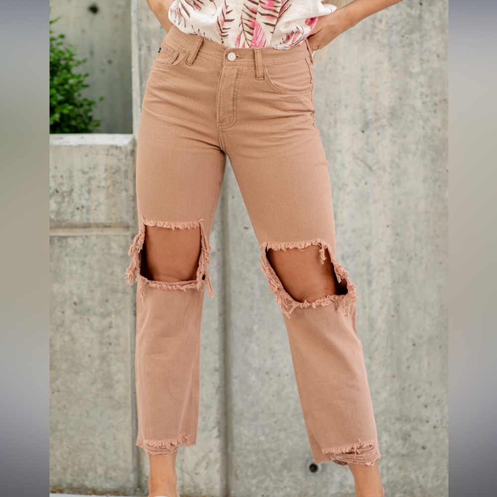 KanCan Distressed High Rise Straight Leg Rust Colored Jeans